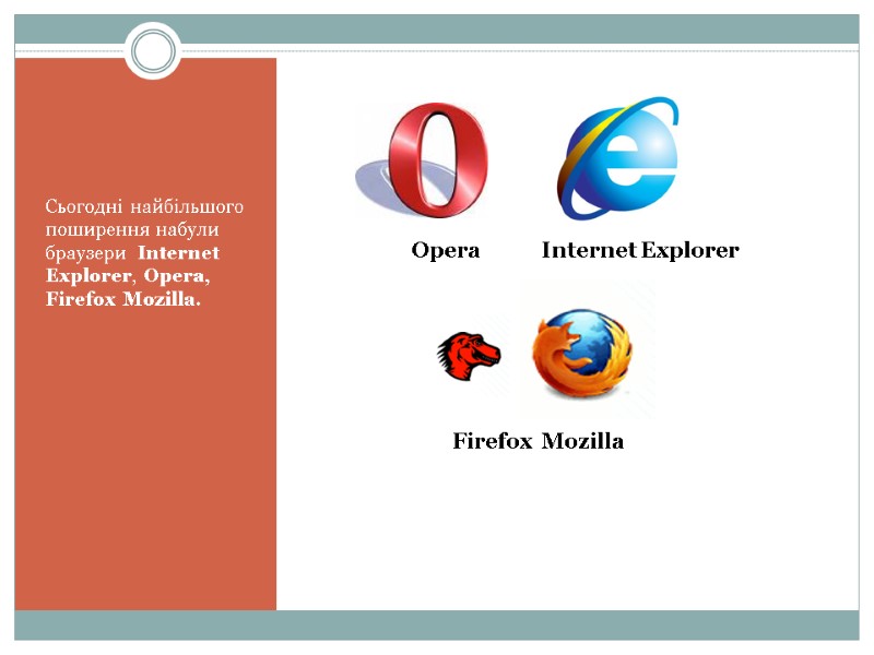 Сьогодні найбільшого поширення набули браузери  Internet Explorer, Opera, Firefox Mozilla.   Firefox